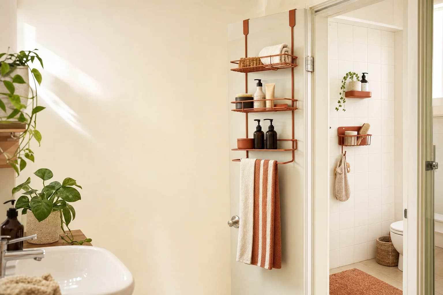 Mark-Free shower storage in a bright modern bathroom
